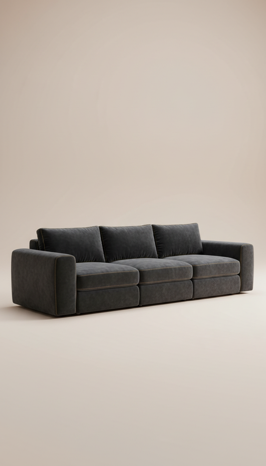 Velvet modular sofa with tailored sections
